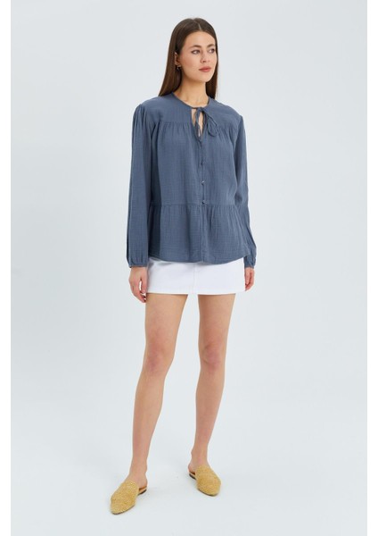 4563 Kadın Yakası Bağlamalı Kolu Lastikli Bol Müslin Gömlek Antrasit fiyatları