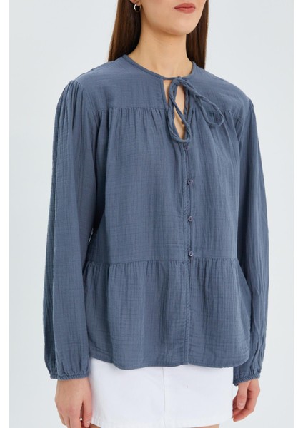 4563 Kadın Yakası Bağlamalı Kolu Lastikli Bol Müslin Gömlek Antrasit fırsatları