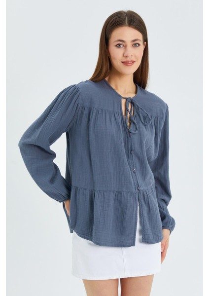 4563 Kadın Yakası Bağlamalı Kolu Lastikli Bol Müslin Gömlek Antrasit indirimleri