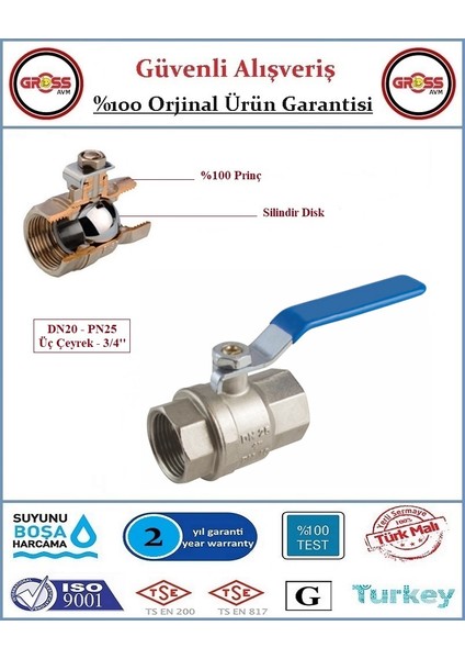 Küresel Temiz Su Vanası - %100 Prinç - 3/4''