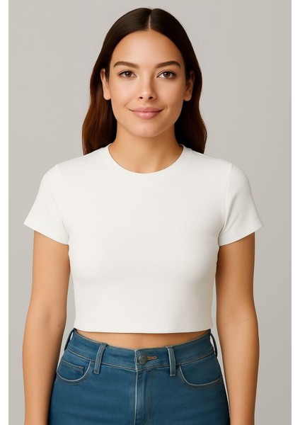 Bisiklet Yaka Kısa Kol Crop Ribana Tshirt Kırık Beyaz
