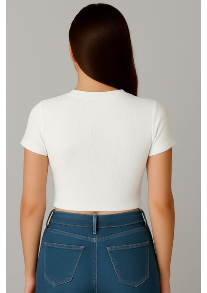 Bisiklet Yaka Kısa Kol Crop Ribana Tshirt Kırık Beyaz fiyatları