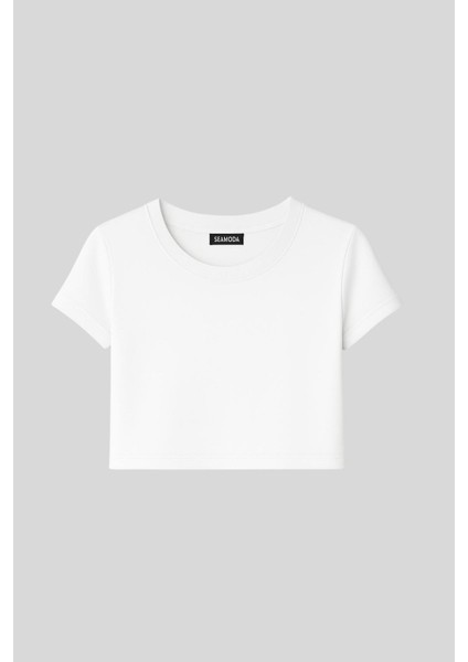 Bisiklet Yaka Kısa Kol Crop Ribana Tshirt Kırık Beyaz modelleri