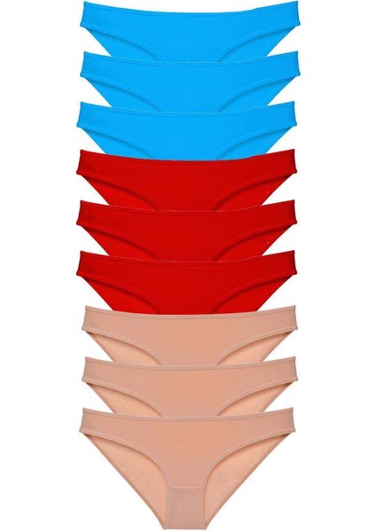 9 Adet Süper Eko Set Likralı Kadın Slip Külot Kırmızı Ten Mavi
