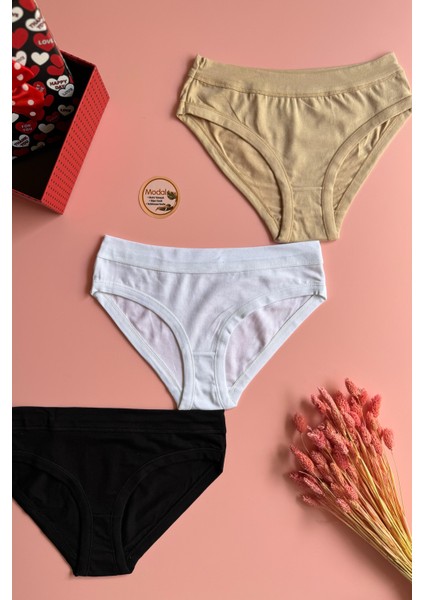 3'lü Siyah, Beyaz ve Ten Renk Ekstra Biyeli Bikini Kadın Külot 51A05