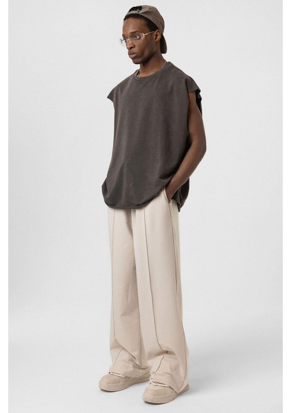 Dikiş Detaylı Oversize Eşofman Alt Taş