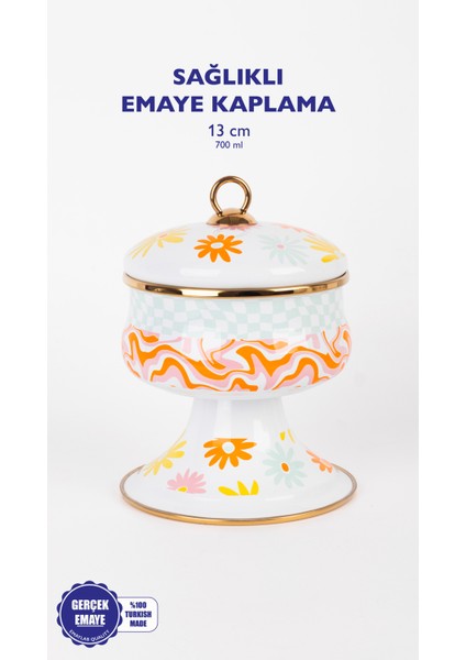 Retro Hippi 14 x 13 cm Dekoratif Emaye Kapaklı Şekerlik, Çikolata Sunumu, Çerezlik fırsatları