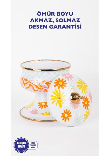 Retro Hippi 14 x 13 cm Dekoratif Emaye Kapaklı Şekerlik, Çikolata Sunumu, Çerezlik indirimleri