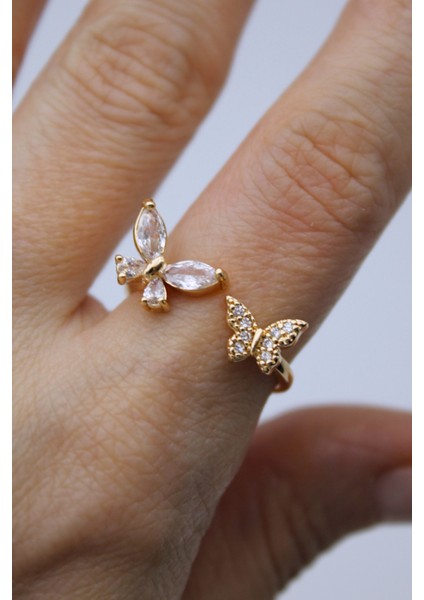 Vip Çelik Minimal Seri Zirkon Taş ve Baget Taşlı Çift Kelebek Model Ayarlanabilir Yüzük indirimleri