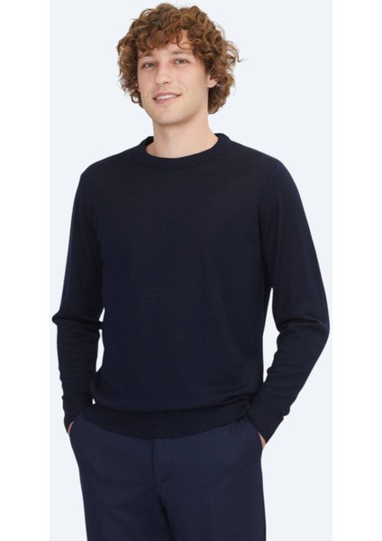 Lacivert Bisiklet Yaka Düz Örgü Yün Karışımlı Triko Kazak