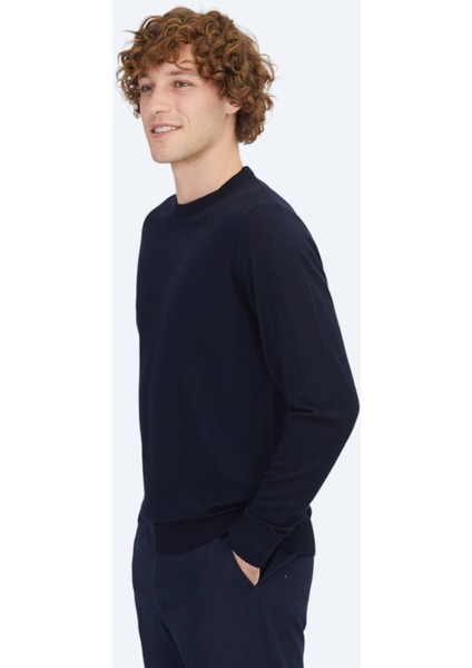 Lacivert Bisiklet Yaka Düz Örgü Yün Karışımlı Triko Kazak