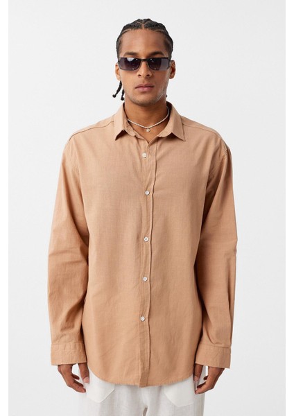 Basic Oversize Pamuk Keten Gömlek Camel modelleri