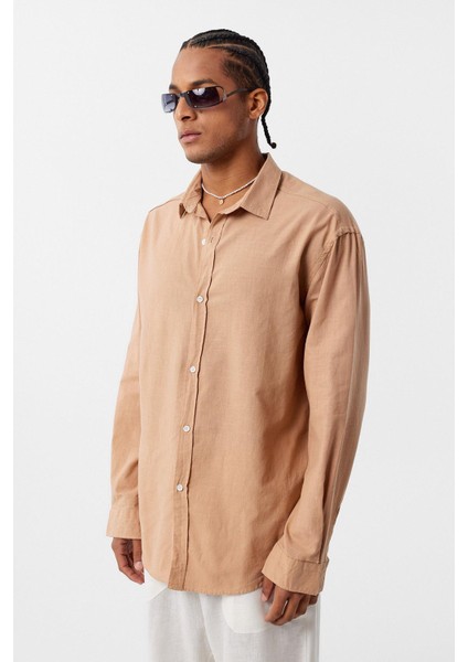Basic Oversize Pamuk Keten Gömlek Camel fırsatları