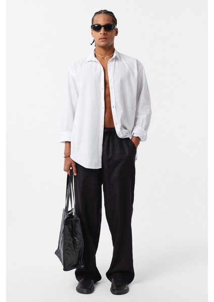 Basic Oversize Pamuk Keten Gömlek Beyaz