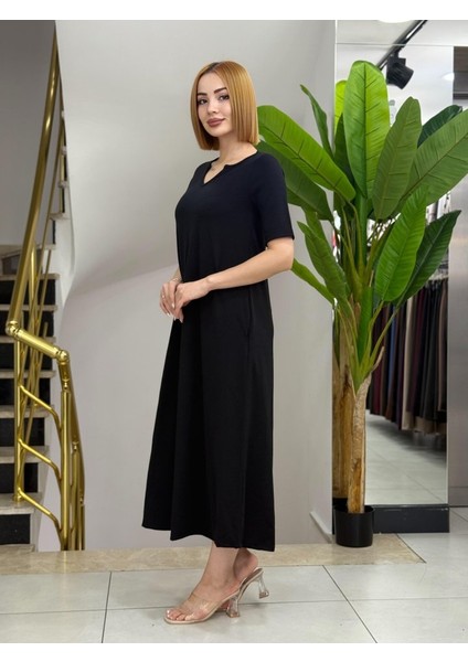 Kadın Kısa Kollu V Yakalı Cep Detaylı Uzun Janjan Krep Elbise