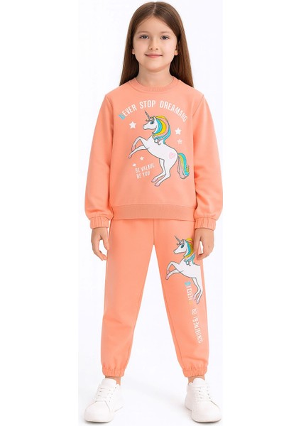 Never Stop Dreaming Unicorn Baskılı Somon Kız Çocuk Eşofman Takımı