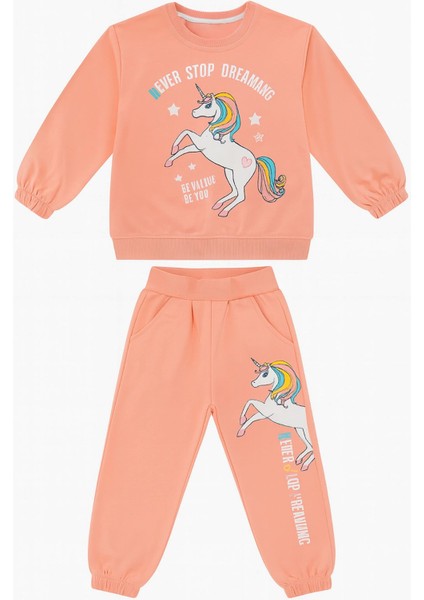 Never Stop Dreaming Unicorn Baskılı Somon Kız Çocuk Eşofman Takımı modelleri