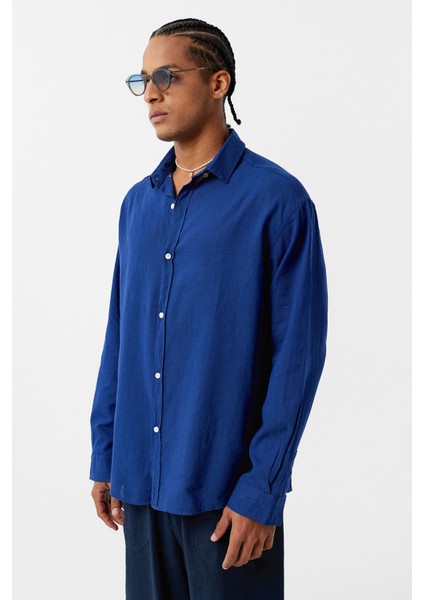 Basic Oversize Pamuk Keten Gömlek Lacivert fırsatları