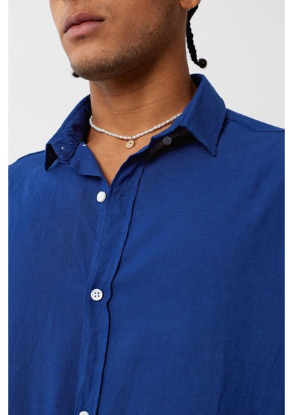 Basic Oversize Pamuk Keten Gömlek Lacivert indirimleri