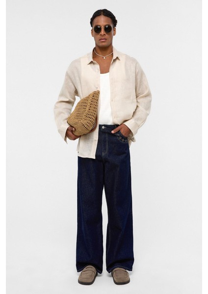 %100 Keten Oversize Uzun Kollu Gömlek Bej