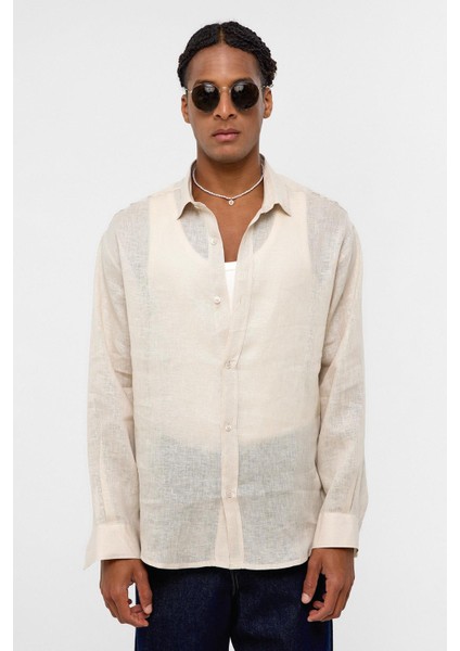 %100 Keten Oversize Uzun Kollu Gömlek Bej fiyatları