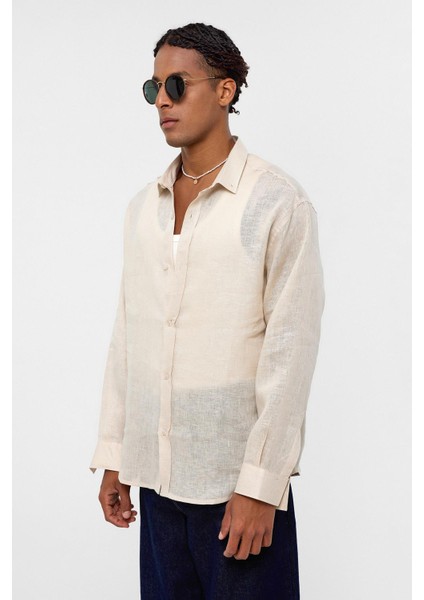%100 Keten Oversize Uzun Kollu Gömlek Bej modelleri
