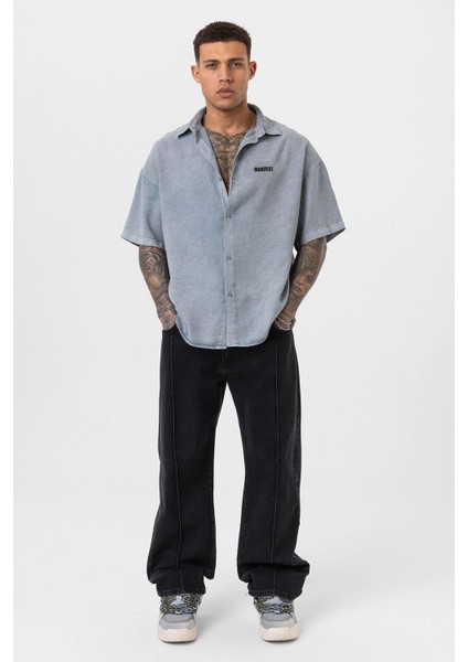 Yıkamalı Oversize Baskılı Kısa Kollu Gömlek Gri