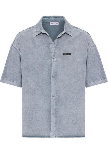 Yıkamalı Oversize Baskılı Kısa Kollu Gömlek Gri fiyatları