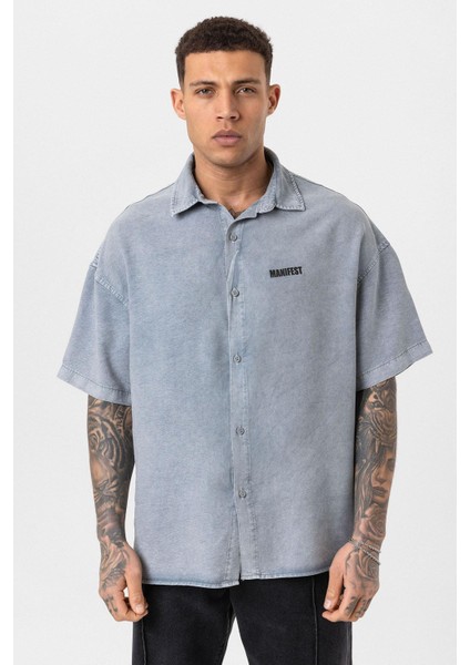 Yıkamalı Oversize Baskılı Kısa Kollu Gömlek Gri modelleri