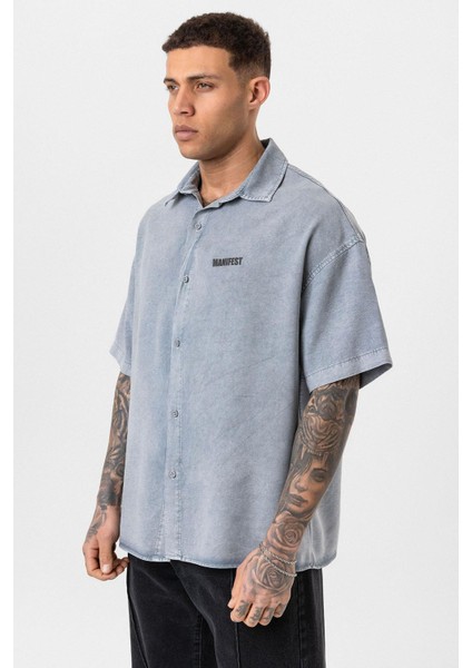 Yıkamalı Oversize Baskılı Kısa Kollu Gömlek Gri fırsatları