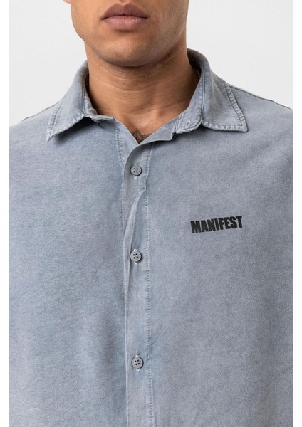 Yıkamalı Oversize Baskılı Kısa Kollu Gömlek Gri indirimleri