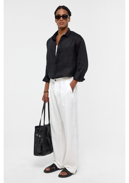 %100 Keten Oversize Uzun Kollu Gömlek Siyah