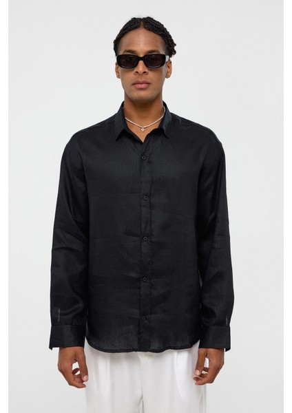 %100 Keten Oversize Uzun Kollu Gömlek Siyah fiyatları