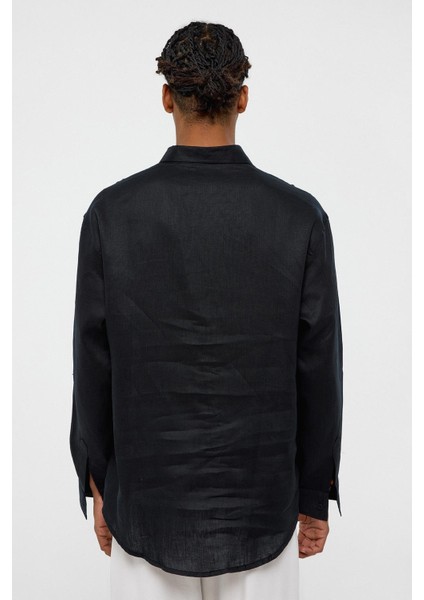 %100 Keten Oversize Uzun Kollu Gömlek Siyah fırsatları