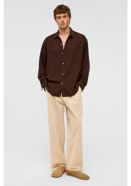 Oversize Uzun Kollu Keten Gömlek Kahve