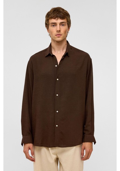 Oversize Uzun Kollu Keten Gömlek Kahve modelleri