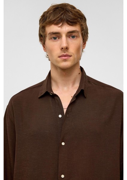 Oversize Uzun Kollu Keten Gömlek Kahve fırsatları