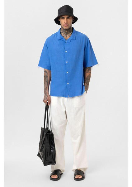 Dikişsiz Kısa Kol Cepsiz Oversize Keten Gömlek Saks