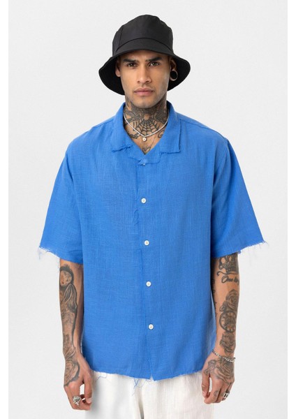 Dikişsiz Kısa Kol Cepsiz Oversize Keten Gömlek Saks modelleri