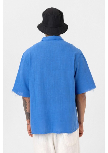 Dikişsiz Kısa Kol Cepsiz Oversize Keten Gömlek Saks fırsatları