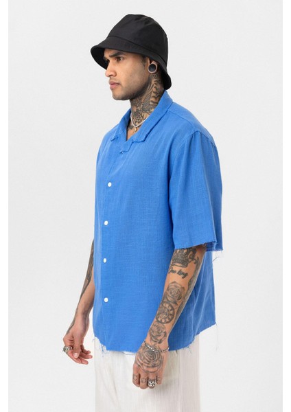 Dikişsiz Kısa Kol Cepsiz Oversize Keten Gömlek Saks indirimleri