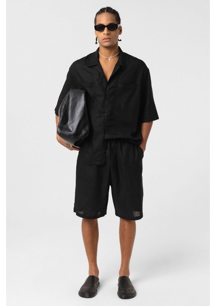 Çift Cepli Oversize Keten Gömlek Siyah