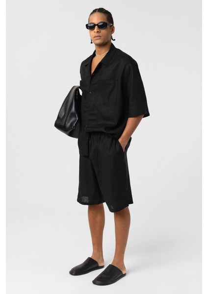 Çift Cepli Oversize Keten Gömlek Siyah fiyatları