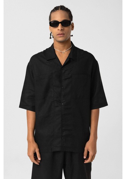 Çift Cepli Oversize Keten Gömlek Siyah modelleri