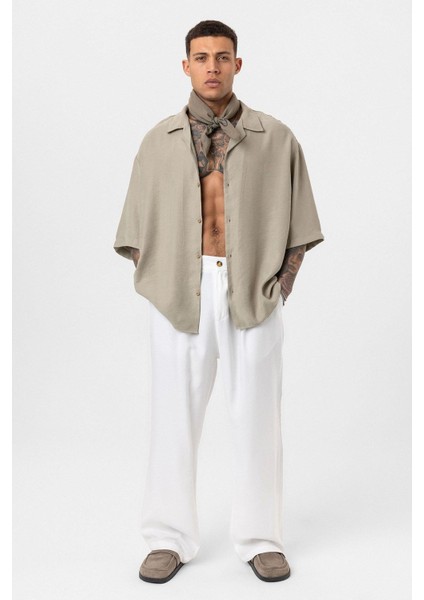 Yıkamalı Oversize Kısa Kol Gömlek Haki