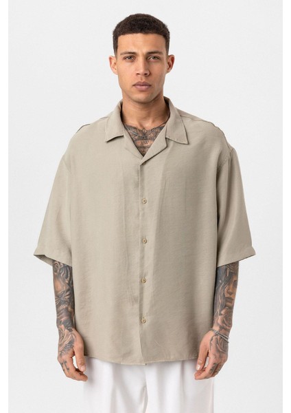 Yıkamalı Oversize Kısa Kol Gömlek Haki modelleri