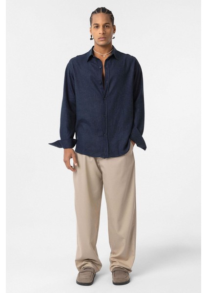Basic Oversize Uzun Kollu Keten Gömlek Lacivert