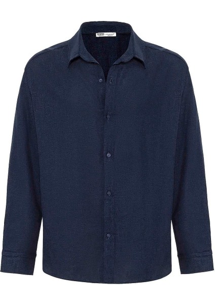 Basic Oversize Uzun Kollu Keten Gömlek Lacivert fiyatları
