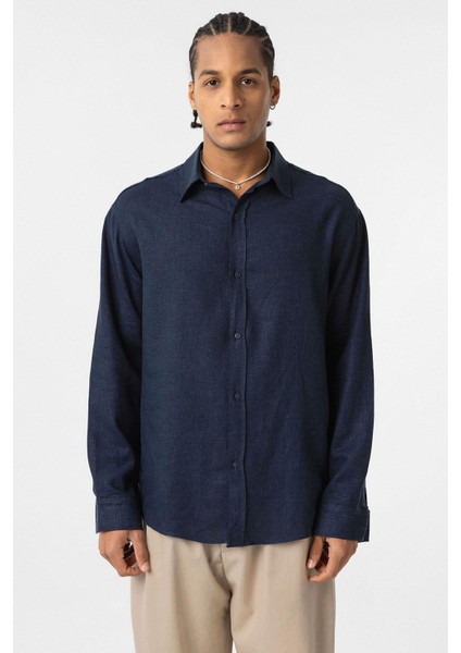 Basic Oversize Uzun Kollu Keten Gömlek Lacivert modelleri