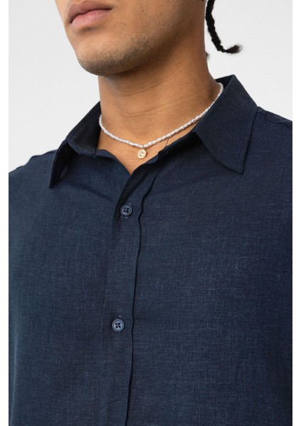 Basic Oversize Uzun Kollu Keten Gömlek Lacivert indirimleri